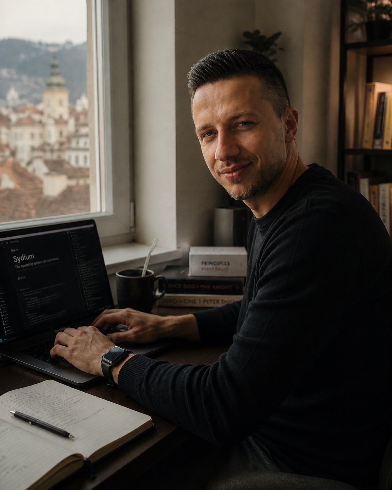 Dani Pralea at his desk in Brasov