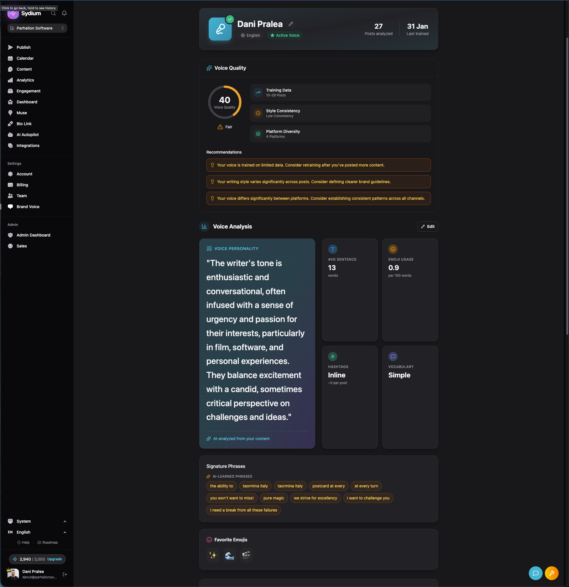 Sydium's Brand Voice screen analyzing a writing style.