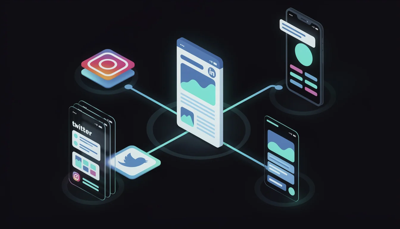 Hero illustration showing one LinkedIn article transforming into 5 platform-specific posts (Twitter thread, Instagram carousel, TikTok script, Facebook post, Threads post)