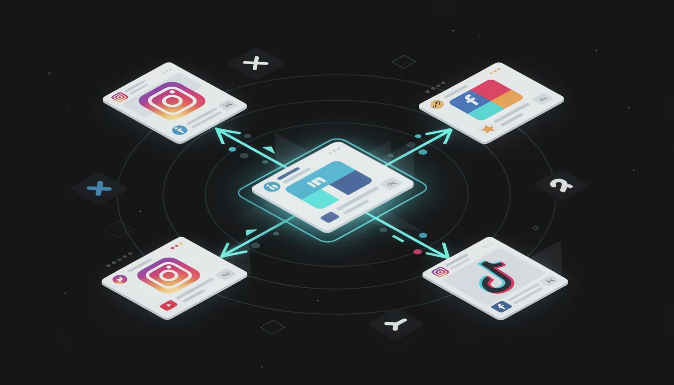 Hero illustration showing one LinkedIn post splitting into 8 platform-native versions across Instagram, X, Facebook, TikTok, YouTube, etc.