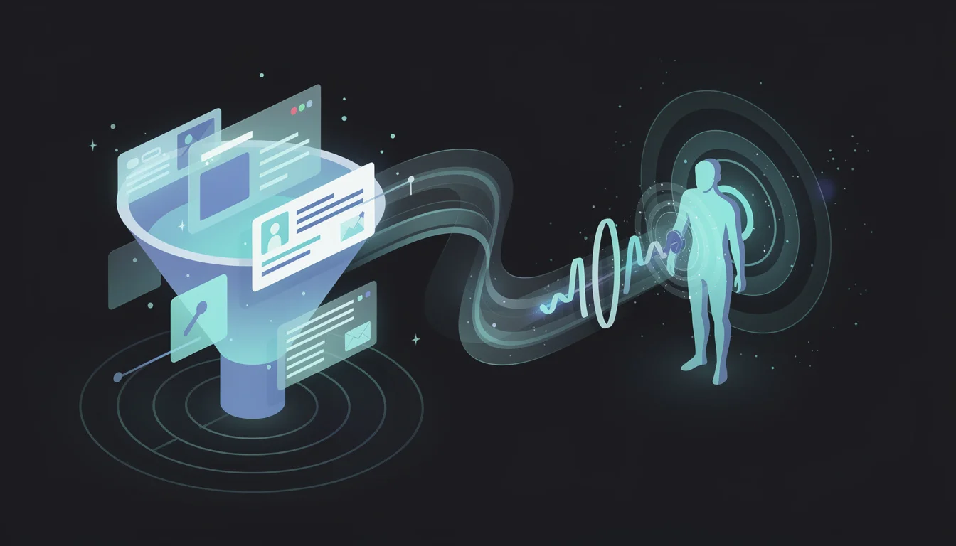 Hero illustration showing the concept of AI learning a person's writing voice - a funnel of social posts flowing into a voice profile