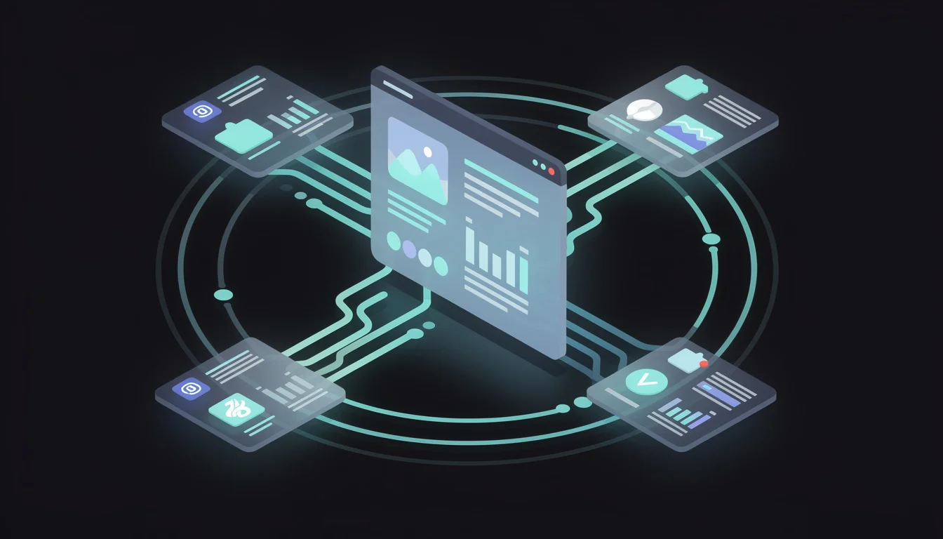 Hero illustration showing the concept of social media autopilot - a dashboard generating, scheduling, and publishing content across multiple platforms simultaneously