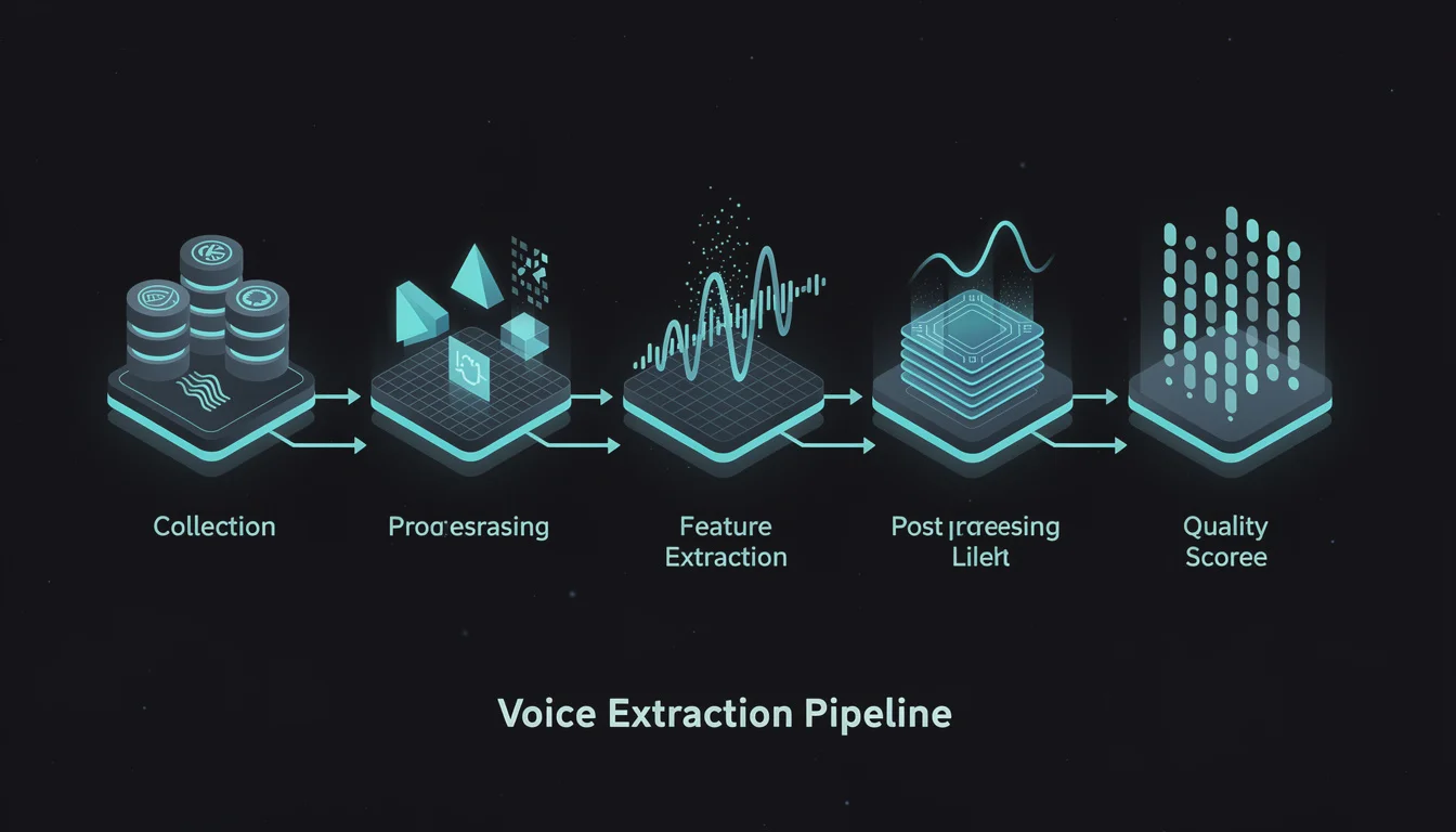 Flowchart diagram showing the 6-stage voice extraction pipeline from data collection through quality scoring