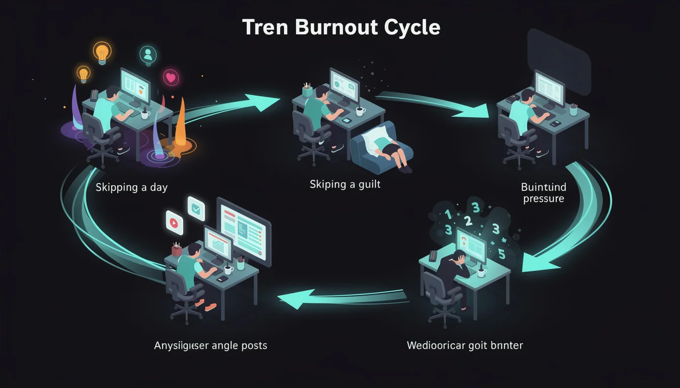 Infographic showing the burnout cycle - run out of ideas, skip a day, feel guilty, overcompensate with mediocre posts, burn out harder, repeat
