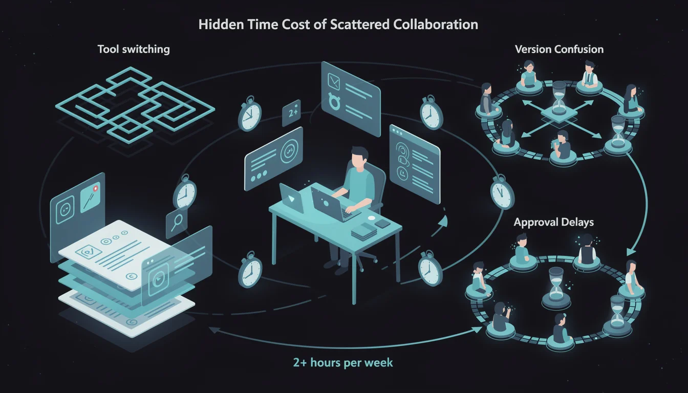 Infographic showing the hidden time cost of scattered collaboration - 2+ hours per week lost to tool-switching, version confusion, and approval delays