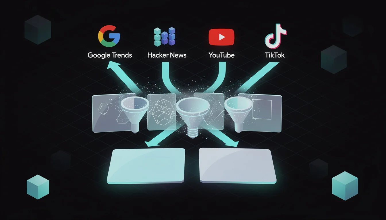Diagram showing the four data sources (Google Trends, Hacker News, YouTube, TikTok) funneling through niche filters into the two daily cards