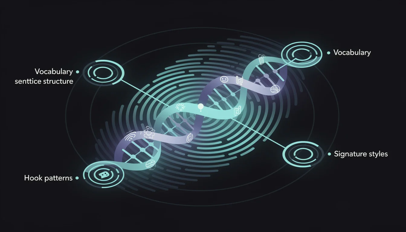 Diagram showing the six components of brand voice (vocabulary, sentence structure, emoji patterns, hook patterns, hashtag style, signature phrases) as a fingerprint or DNA helix visualization