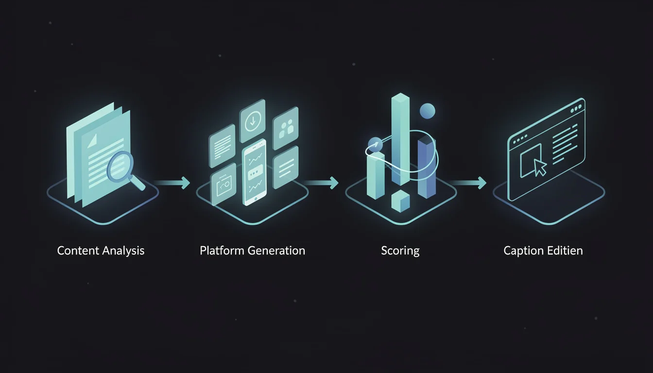 Step-by-step diagram showing the 4-stage repurposing pipeline - content analysis, platform generation, scoring, and caption editing