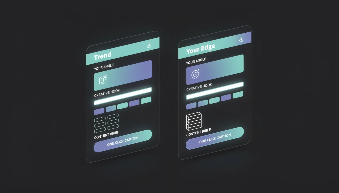 Example of a "Trend" card and a "Your Edge" card side by side, showing the full anatomy - trend description, your angle, creative hook, format suggestion, content brief, and one-click caption
