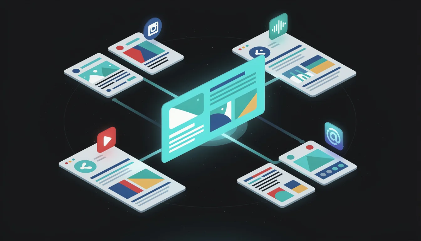 Visual breakdown of the 8 pieces generated from one LinkedIn post - showing the original and all 7 adapted versions with platform icons