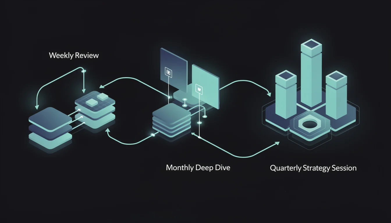 Flowchart diagram of the Weekly Review, Monthly Deep Dive, and Quarterly Strategy Session framework