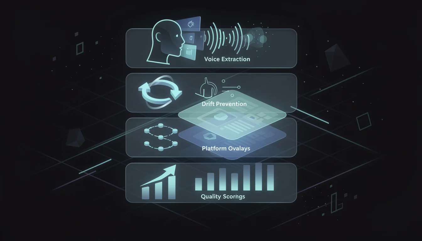 Summary card with 5 key takeaways from building Brand Voice AI - voice extraction, drift prevention, feedback loops, platform overlays, and quality scoring