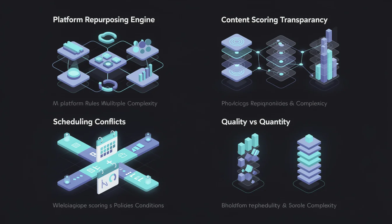 Infographic with 4 key takeaways from building the repurposing engine - platform rules complexity, content scoring transparency, scheduling conflicts, and quality vs quantity