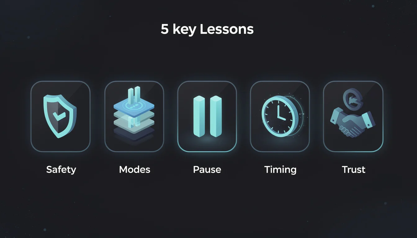 Visual summary of the 5 lessons with icons for safety, modes, pause, timing, and trust