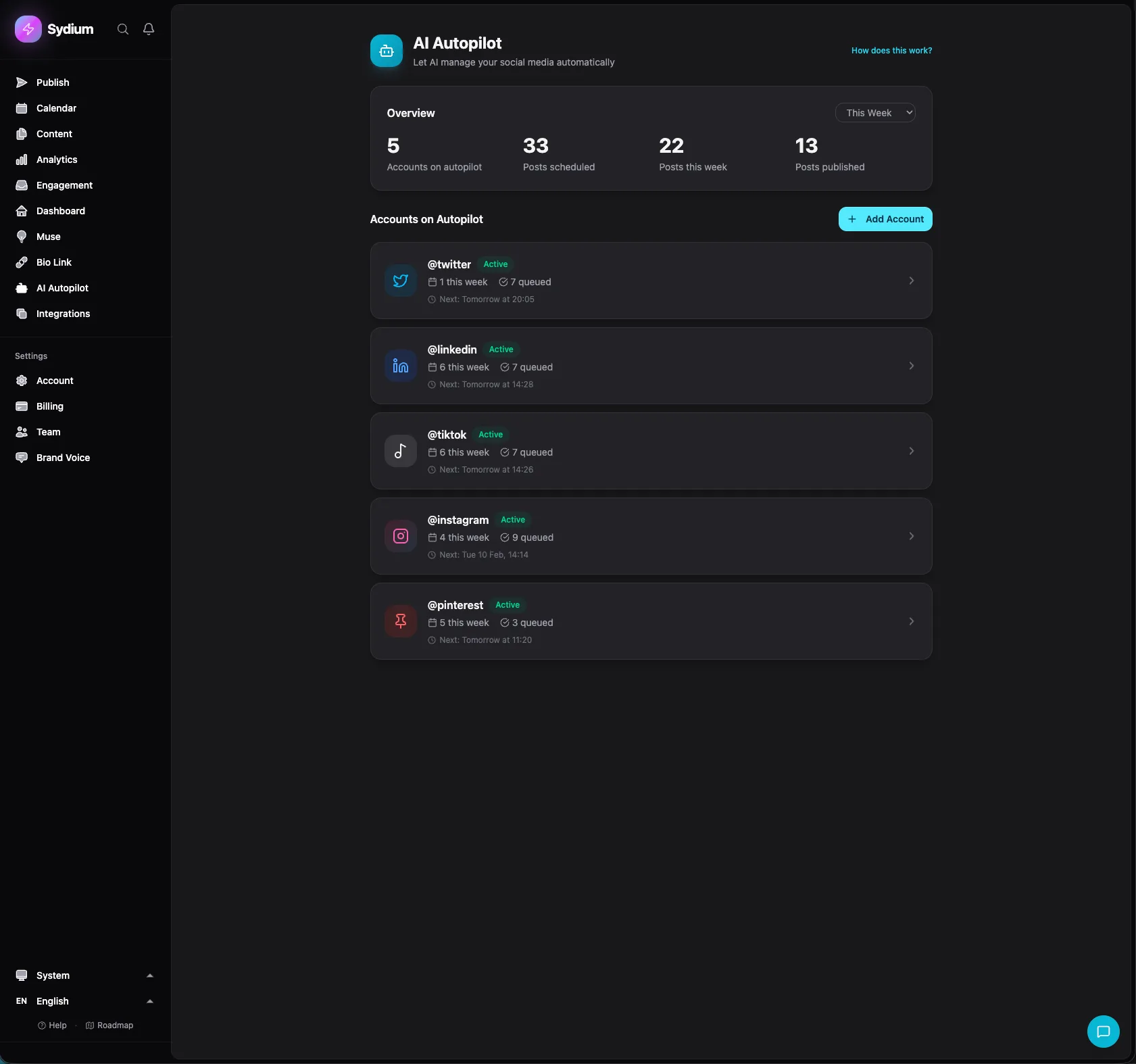 Sydium Autopilot dashboard - real product screenshot showing the three approval modes, posting schedule, and safety controls