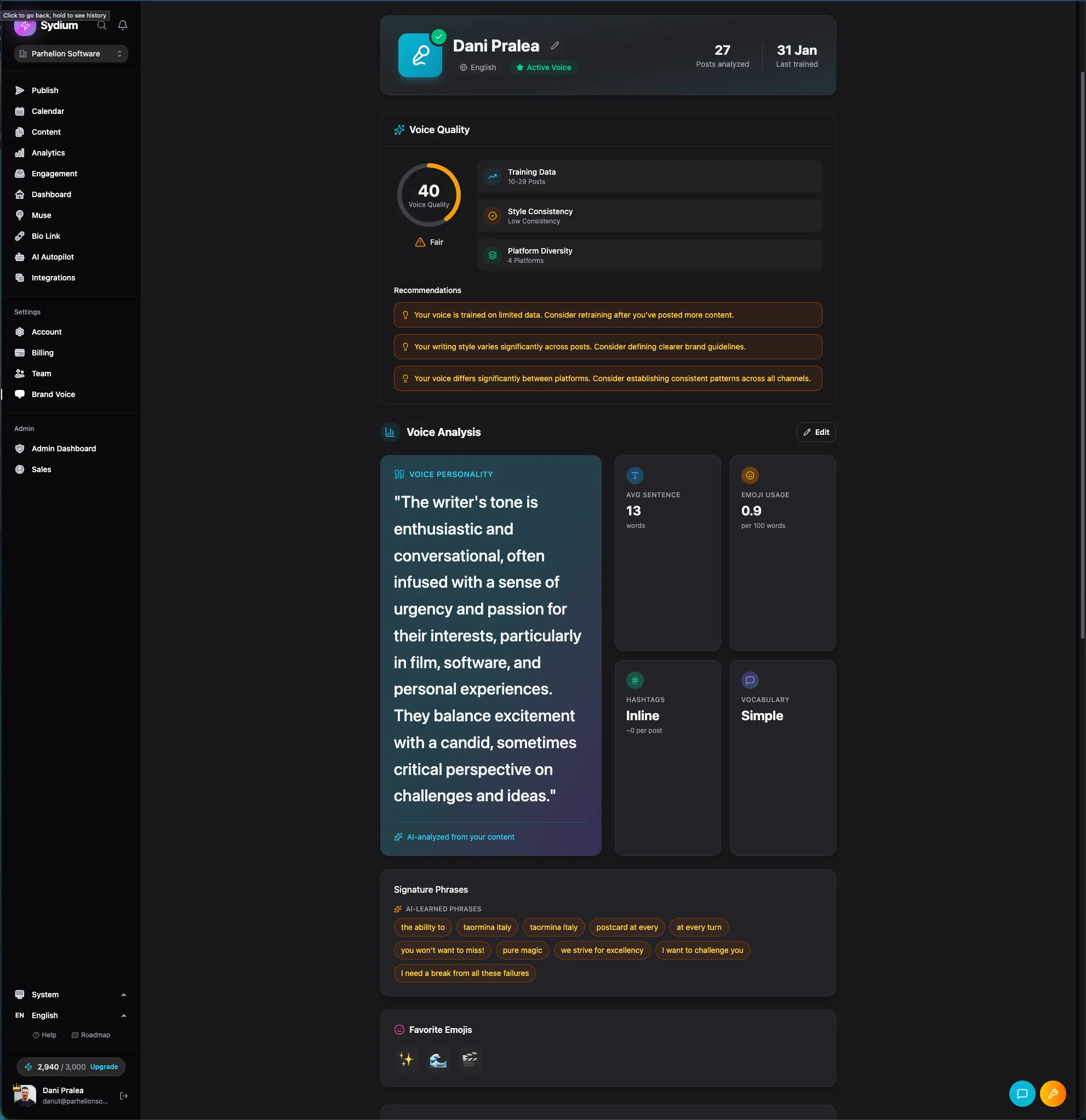 Sydium Brand Voice - real product screenshot showing the trained voice profile with tone descriptors, vocabulary, emoji usage, and quality score