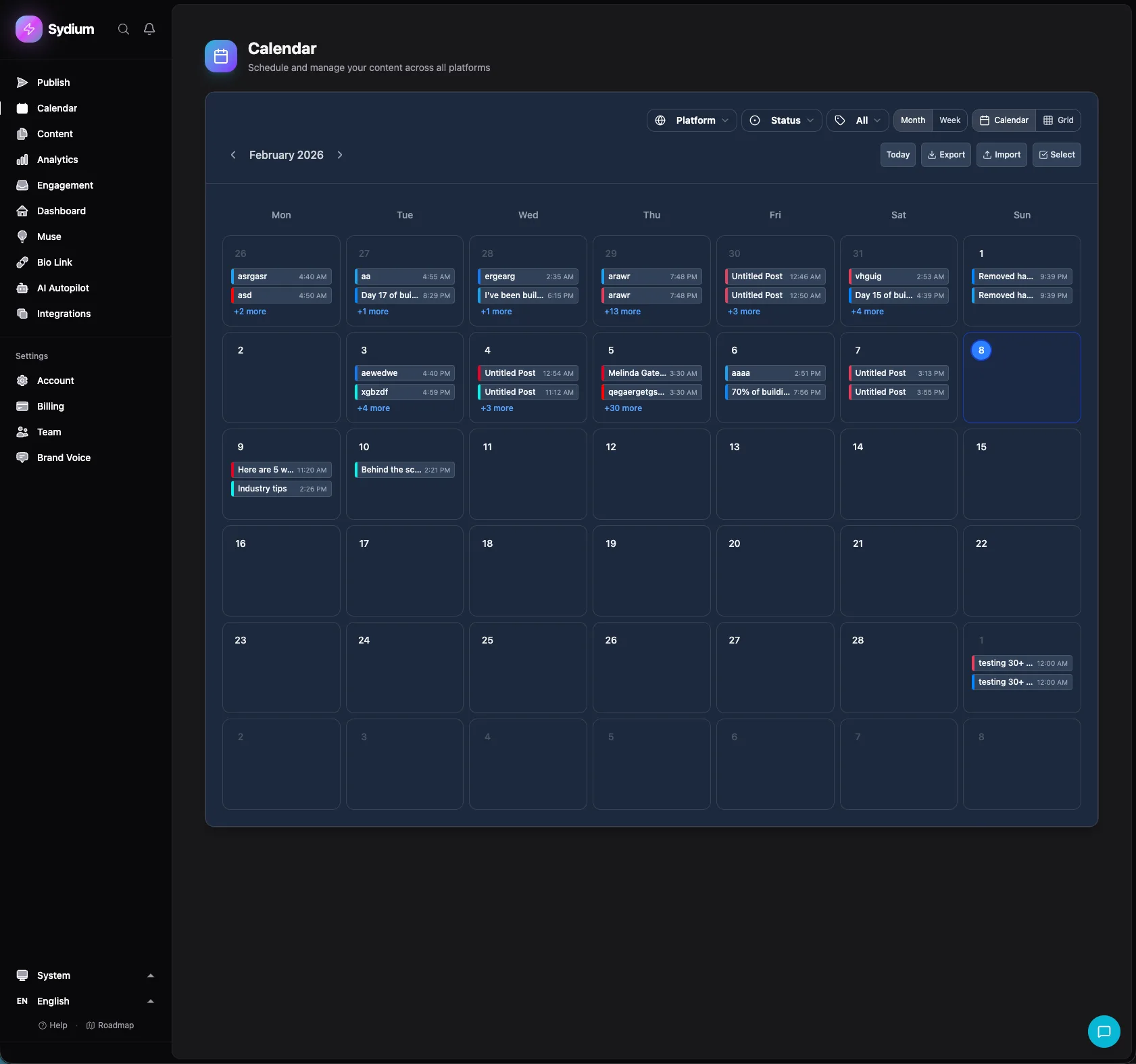 Sydium content calendar - real product screenshot showing the month view with color-coded posts across multiple platforms