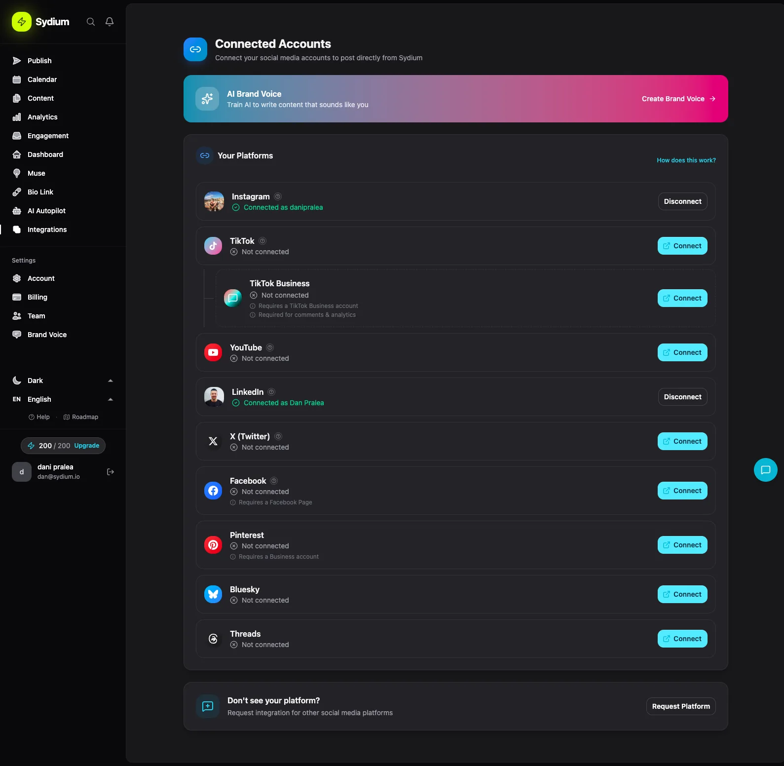 Sydium platform integrations - real product screenshot showing all 10 connected social platforms feeding into one inbox and analytics surface