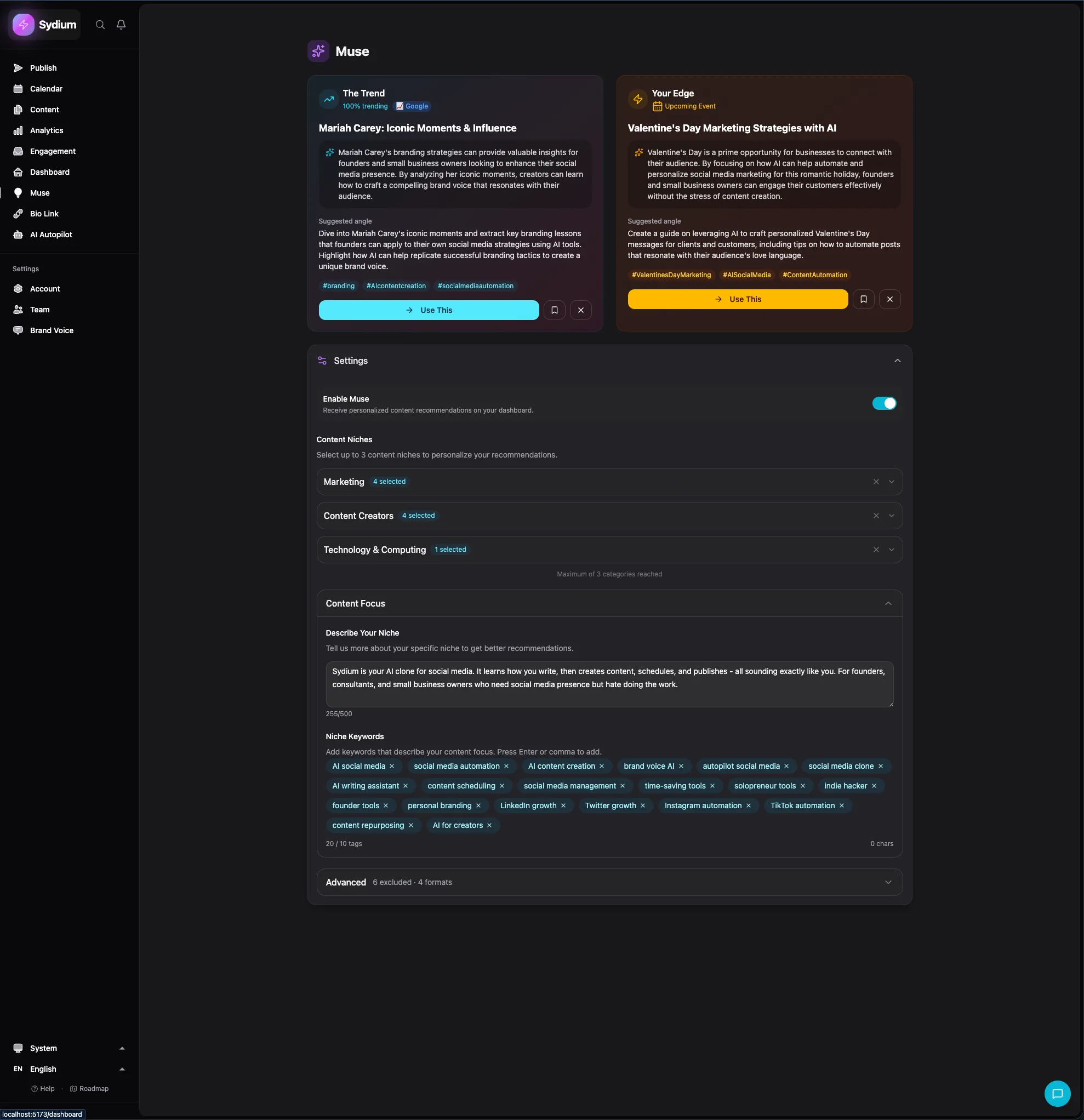 Sydium Muse - real product screenshot showing the daily content briefing cards with trending topics and niche-specific angles