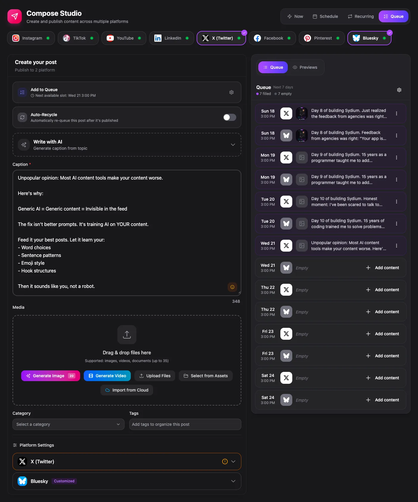 Sydium queue view - real product screenshot showing recurring time slots and the next posts assigned to each